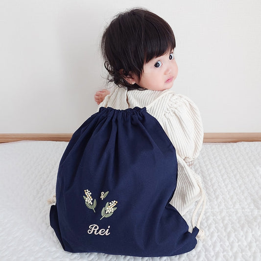 一升餅 刺繍名入れ 1歳誕生日 名前入りリュック・ネイビー・ミモザ
