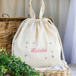 画像をギャラリービューアに読み込む, 刺繍名入れ 1歳誕生日 一升餅 名前入りリュック・生成り・フルールミニョン・ピンク
