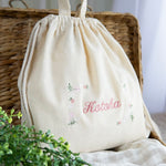 画像をギャラリービューアに読み込む, 刺繍名入れ 1歳誕生日 一升餅 名前入りリュック・生成り・フルールミニョン・ピンク
