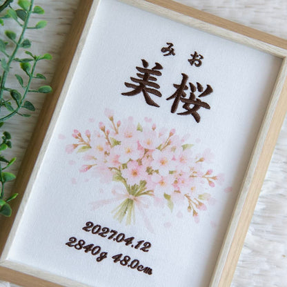 刺繍命名書・4月生まれの誕生花