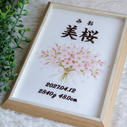 刺繍命名書・4月生まれの誕生花