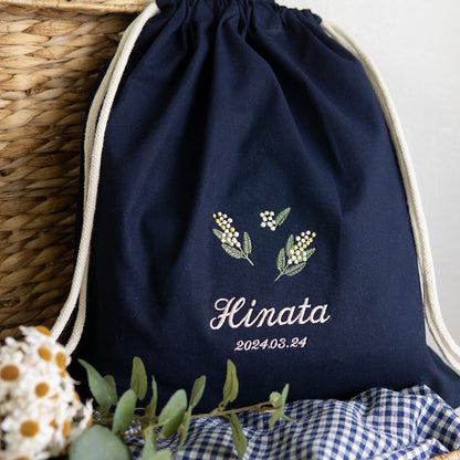 一升餅 刺繍名入れ 1歳誕生日 名前入りリュック・ネイビー・ミモザ