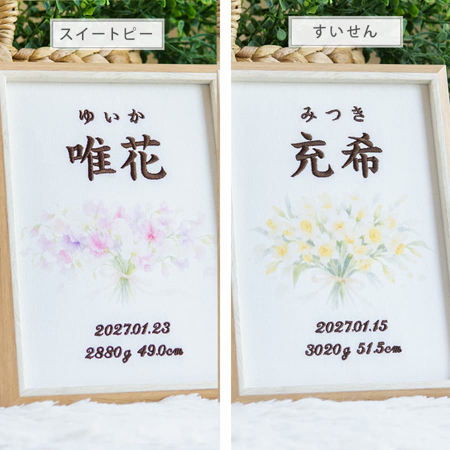 刺繍命名書・1月生まれの誕生花