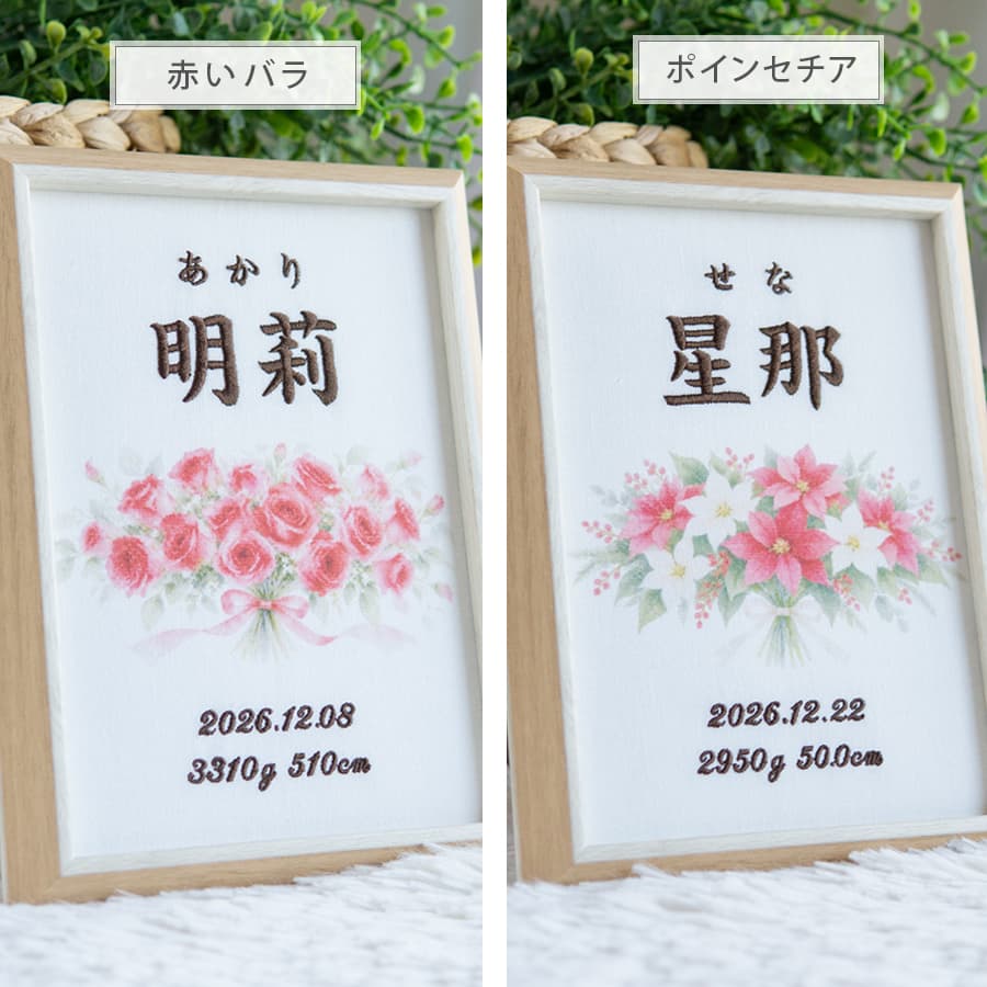 刺繍命名書・12月生まれの誕生花