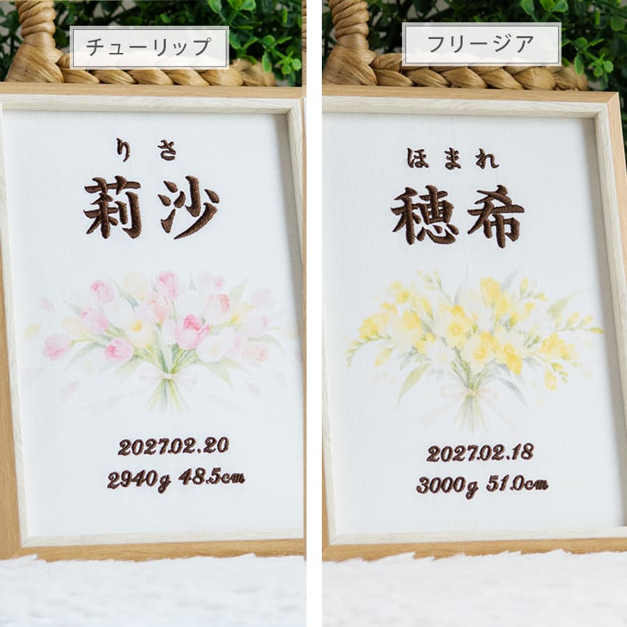 刺繍命名書・2月生まれの誕生花