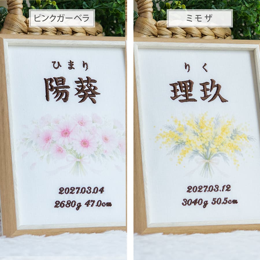 刺繍命名書・3月生まれの誕生花