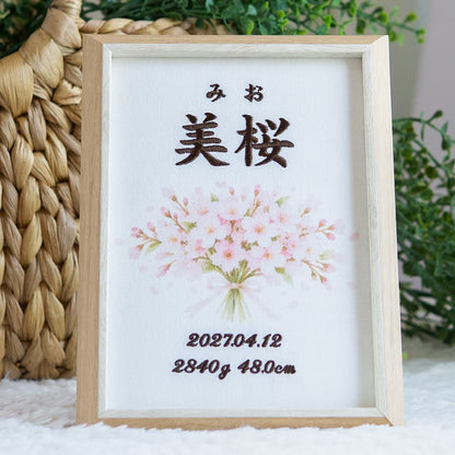 刺繍命名書・4月生まれの誕生花