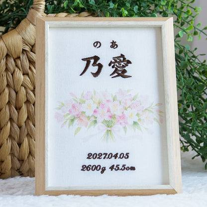 刺繍命名書・4月生まれの誕生花